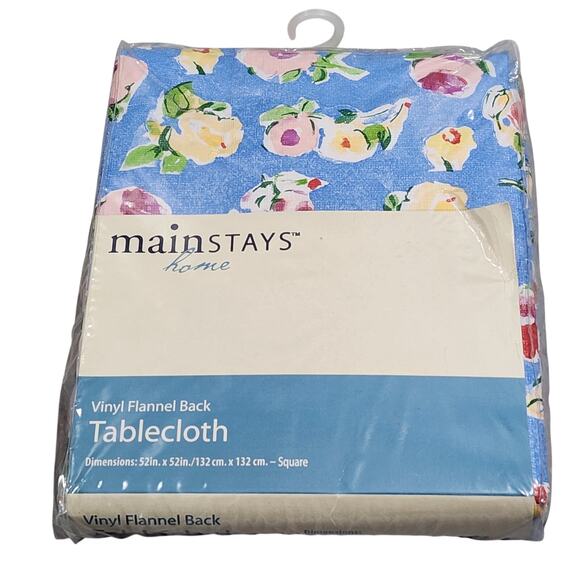 Mainstays Home Blue Floral Vinyl Flannel Back Tablecloth 52inx52in Square - NIP - Picture 1 of 5